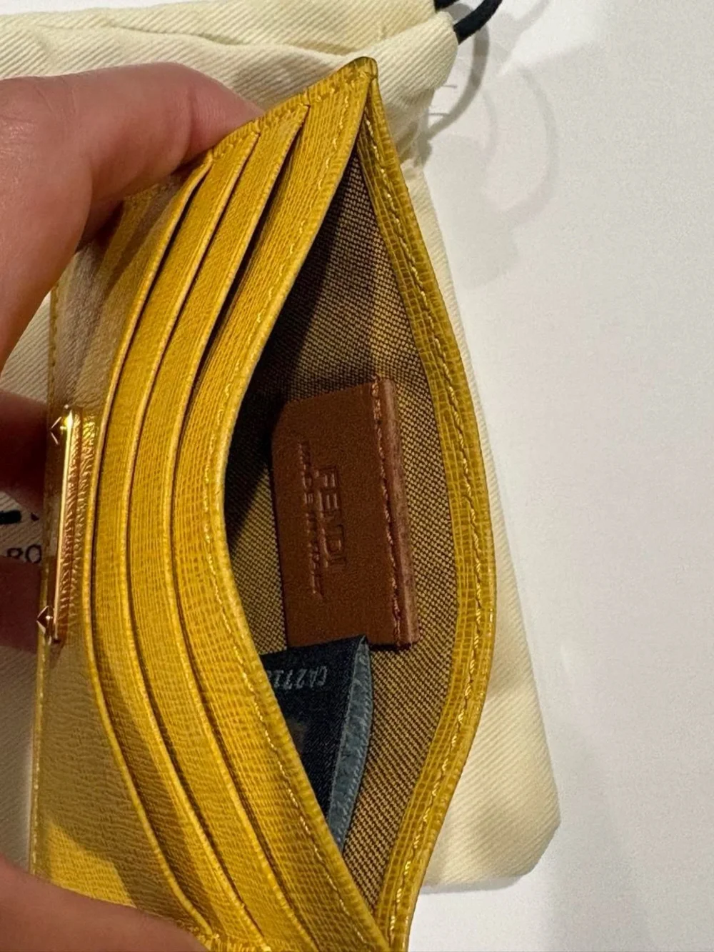 Fendi Mustard Yellow Leather Card Case with Metal Logo Plate